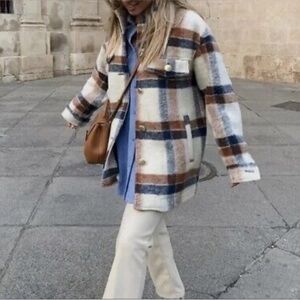 Oversized plaid  Women's Jacket in Cream, Brown, and Blue by Zara